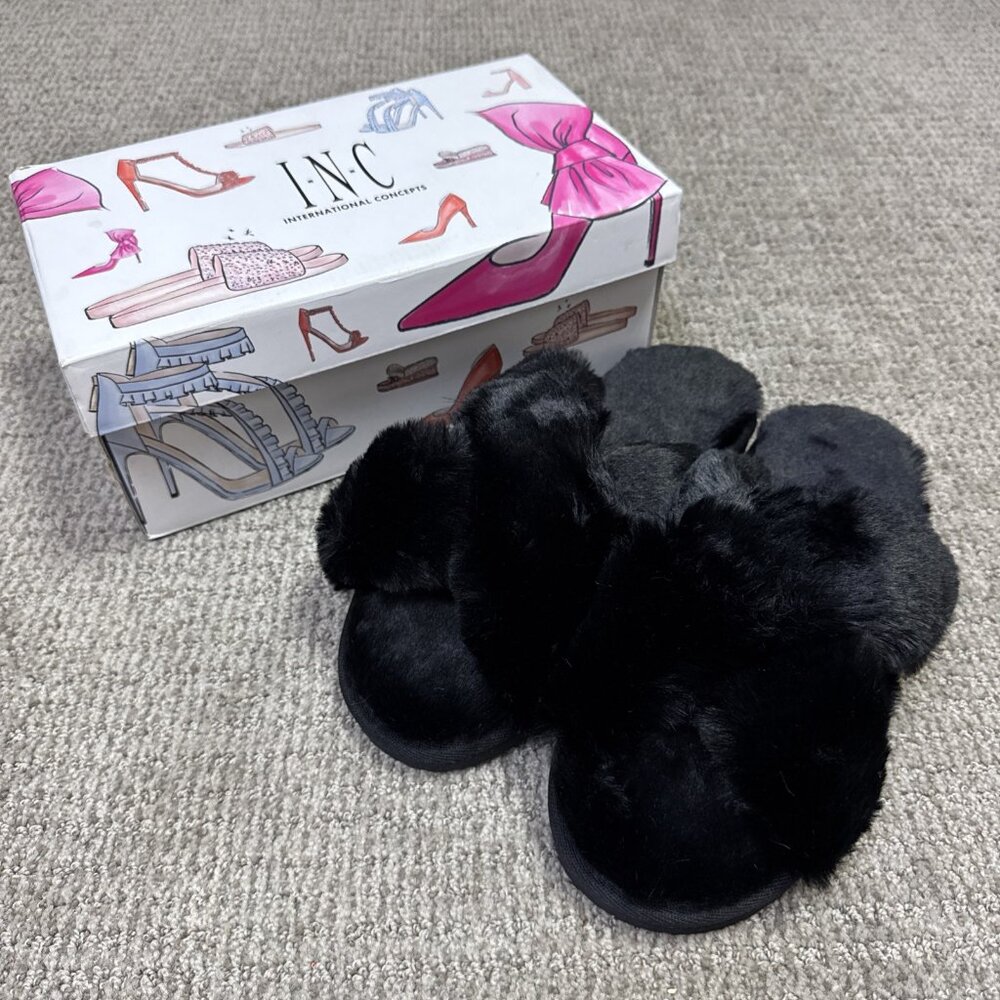 INC International Concepts Yayla Slippers Black Fur Women’s Size 11 New